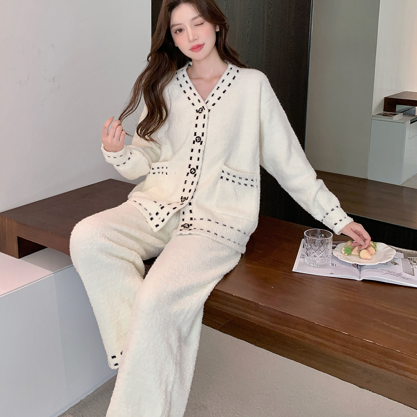 半边绒睡衣女秋冬季高级感家居服