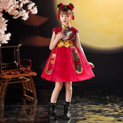 国潮女童旗袍夏季中国风模特走秀童装演出服T台时装潮服儿童礼服
