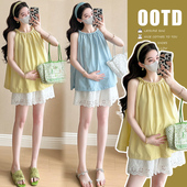 新款 套装 韩系甜美百搭背心吊带上衣 大码 蕾丝短裤 孕妇两件套夏季