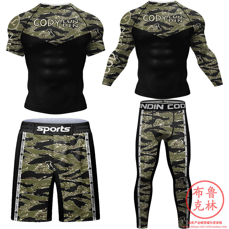 迷彩MMA拳击训练防磨紧身衣男套装UFC综合格斗泰拳短裤跑步健身衣