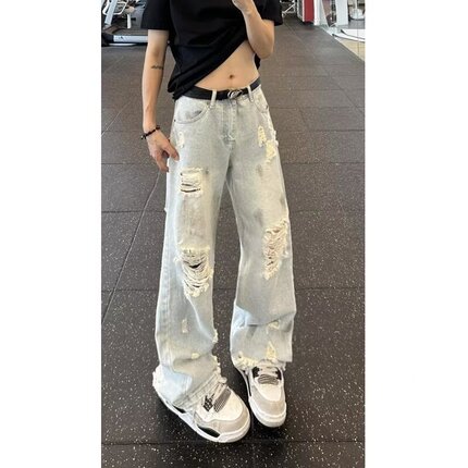 美式高街破洞牛仔裤男女新款水洗蓝色直筒显高显瘦痞炸街阔腿裤潮