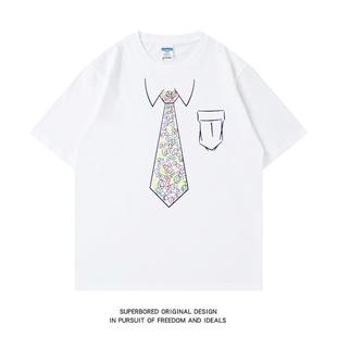 周星驰同款衣服 趣味假领带短袖t恤夏季纯棉宽松休闲大码圆领半袖