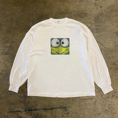 古着感大眼蛙 Keroppi趣味卡通印花 日系可爱宽松休闲纯棉长袖T恤