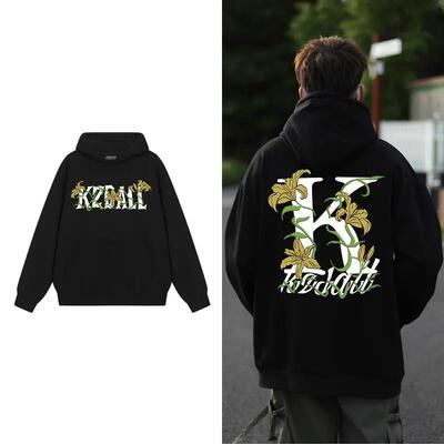 KZDALL设计牵牛花印花秋冬连帽卫衣男女宽松潮流休闲情侣痞帅外套