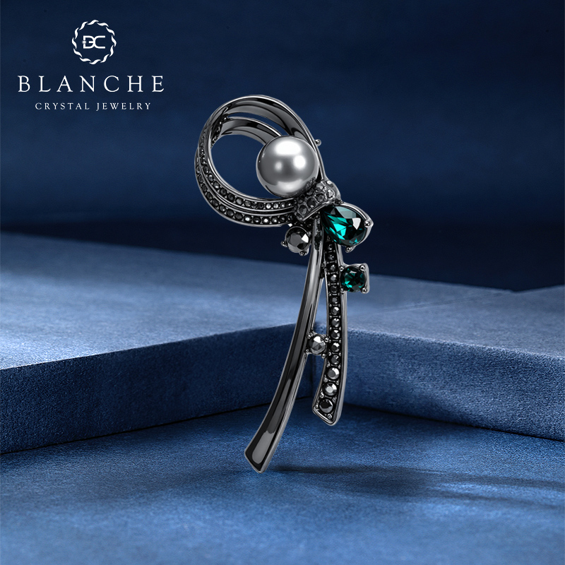 中古大溪地灰珍珠水晶胸针蝴蝶结