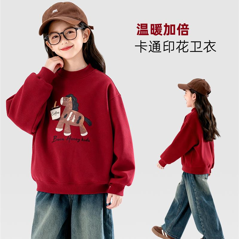英国女童红色加绒卫衣冬季拜年服