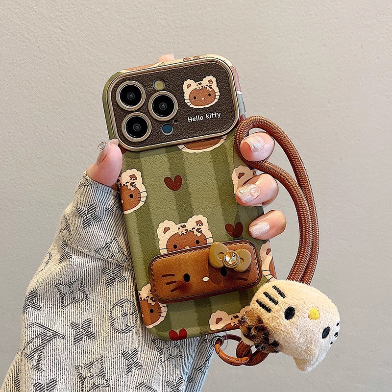 可爱猫支架适用苹果16promax手机壳新款iphone15秋冬网红硅胶全包防摔14小众高级感带挂绳手腕保护套13pm女款