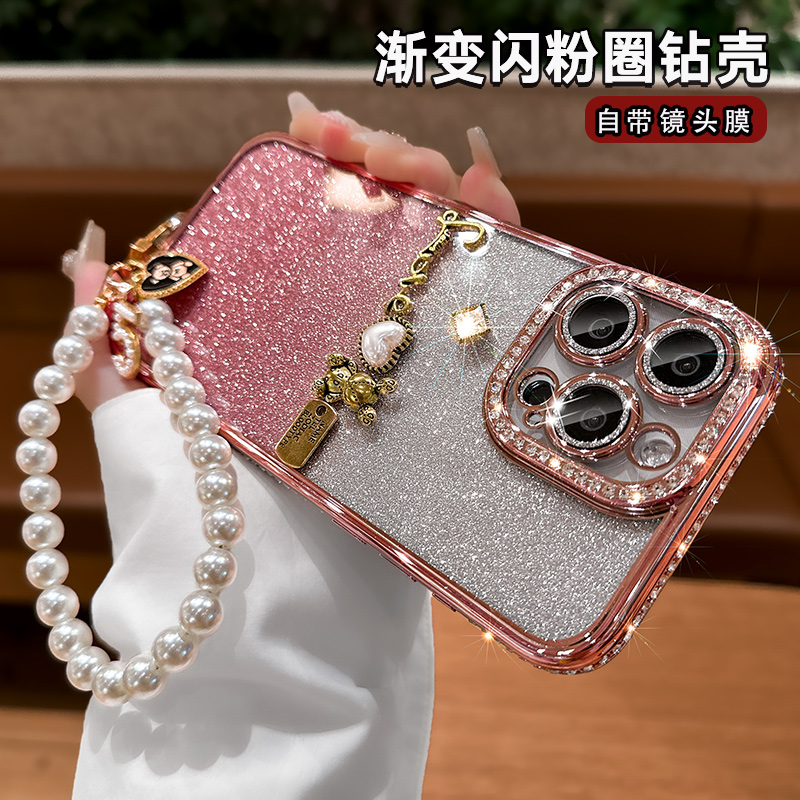 适用苹果16promax手机壳新款iphone15镜头全包14高级感女款小众13pro奢华水钻plus带挂绳12防摔11透明硅胶套r