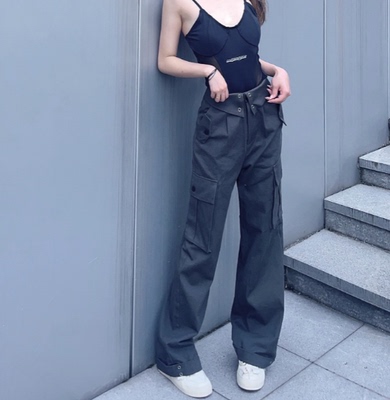 深灰色翻折腰美式工装裤女