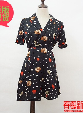 地球店新款女黑色印花连衣裙显瘦pphome港味复古冷淡风chic裙子