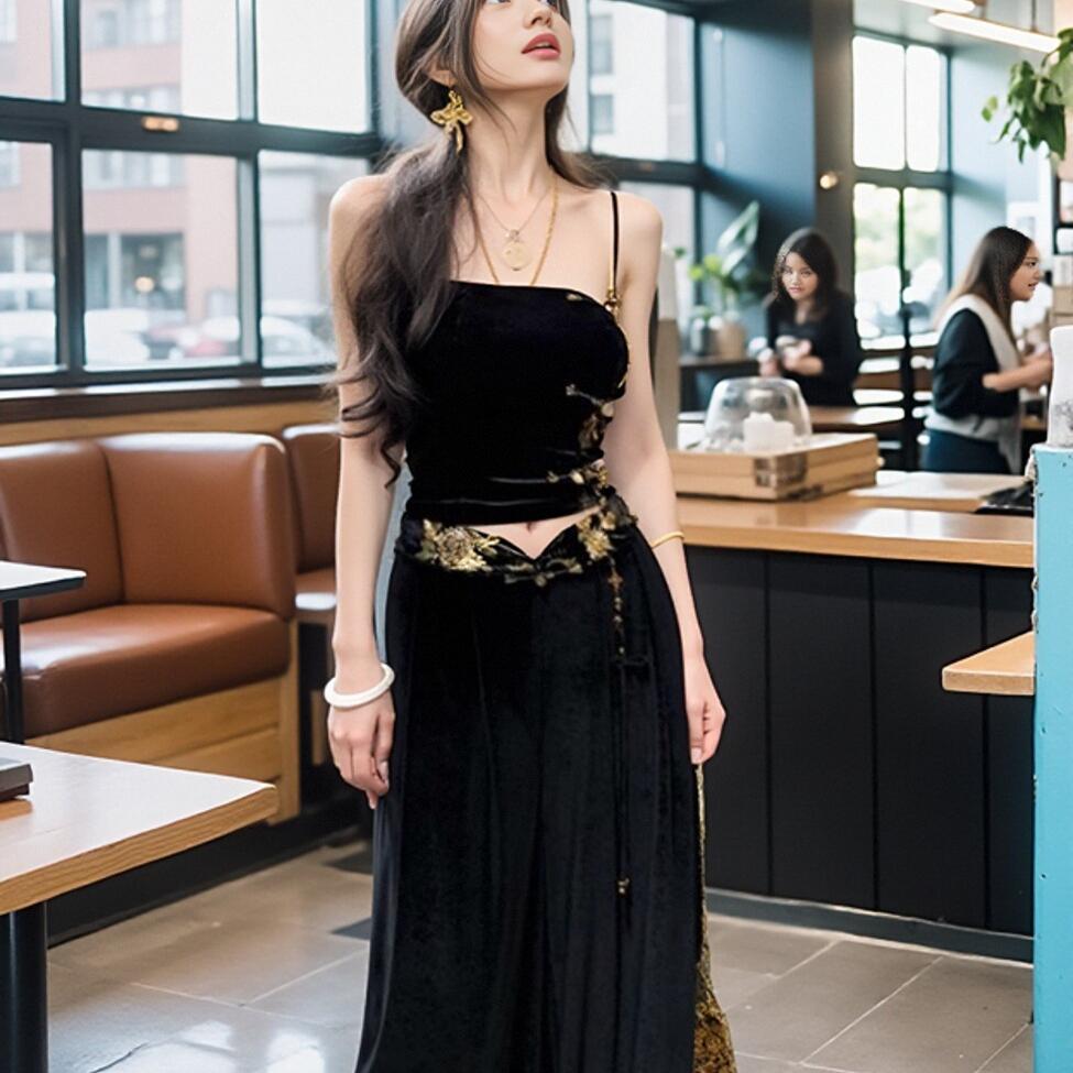 MOSS【华清引】国风新中式丝绒光泽吊坠休闲阔腿直筒裤女