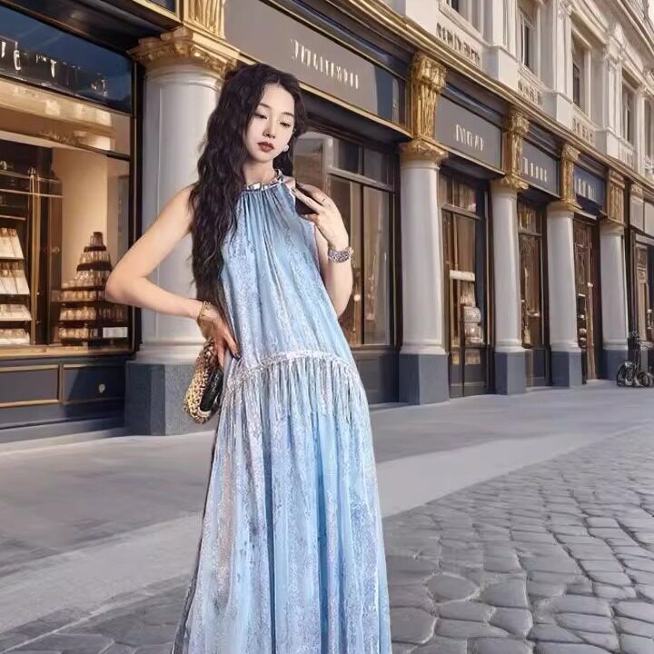 三吉黑花「5/17晚8点新品95折」【宿野】天丝烧花亮片流苏挂脖裙