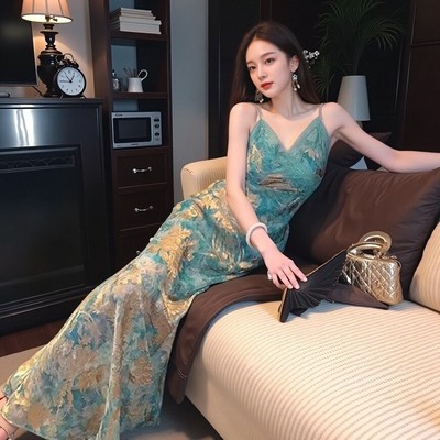 MOSS【梦华录】国风新中式静奢风人丝烂花斜裁吊带连衣裙