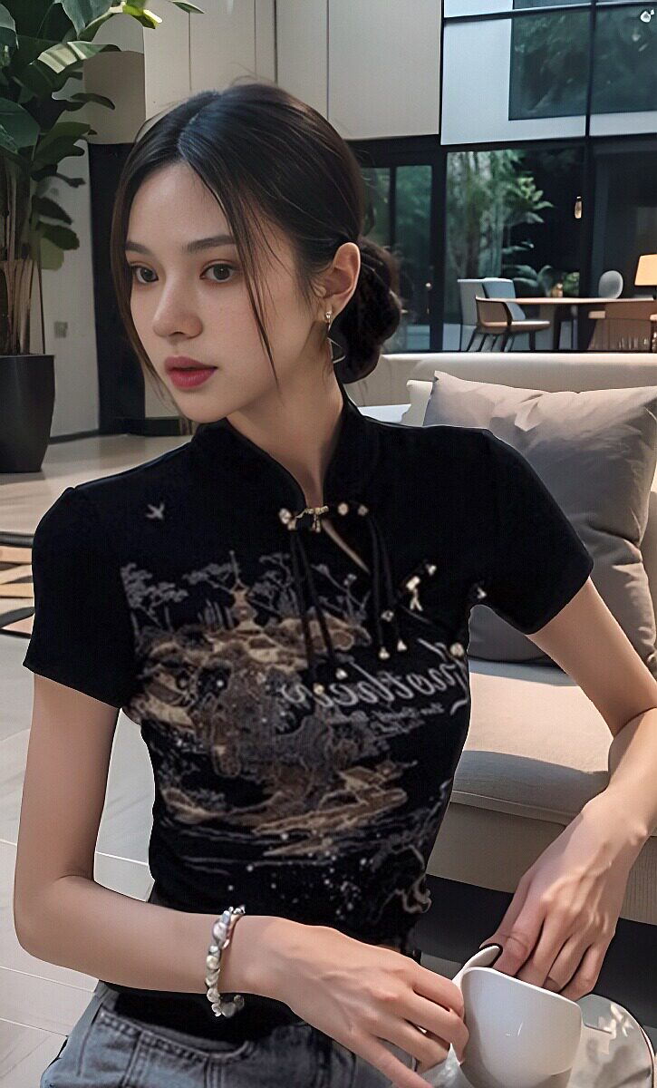 风山水印花立领短袖T恤高级感