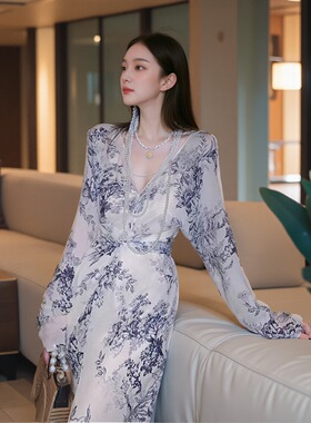 MOSS【青花山白】新中式国风青花瓷收腰夏中长款连衣裙女