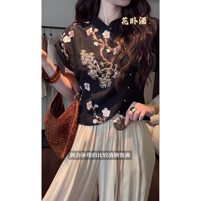 三吉同款【花卧酒】新中式国风女装2025新款短袖衬衫气质女士上衣