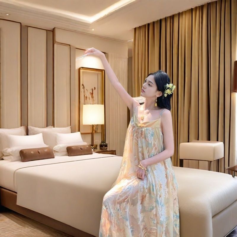 MOSS 3.20【香浮花月】新中式国风人丝烂花抹胸吊带中长连衣裙