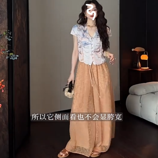 三吉同款【昭昭】新中式钉珠绳绣阔腿裤子女款夏季薄款2025新款潮