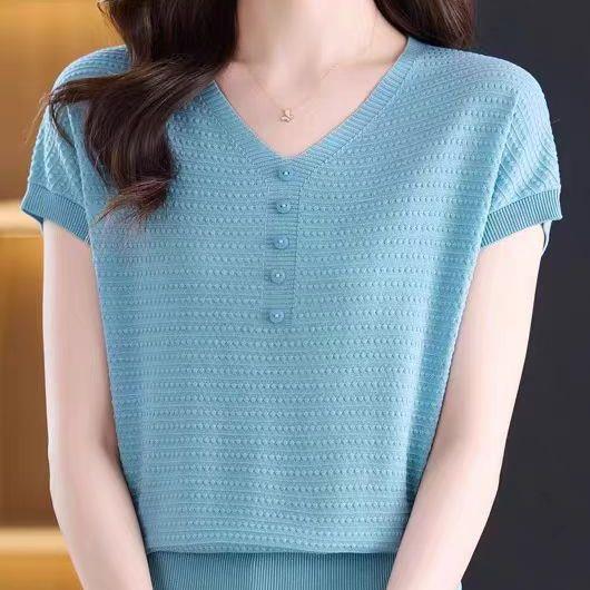 2025夏季薄款时尚妈妈装V领桑蚕丝短袖t恤女宽松显瘦针织新款上衣