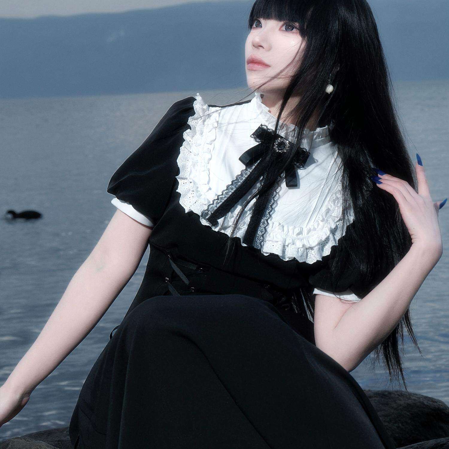 法式复古高腰蕾丝连衣长裙 A字修身泡泡袖设计 夏季少女系公主风