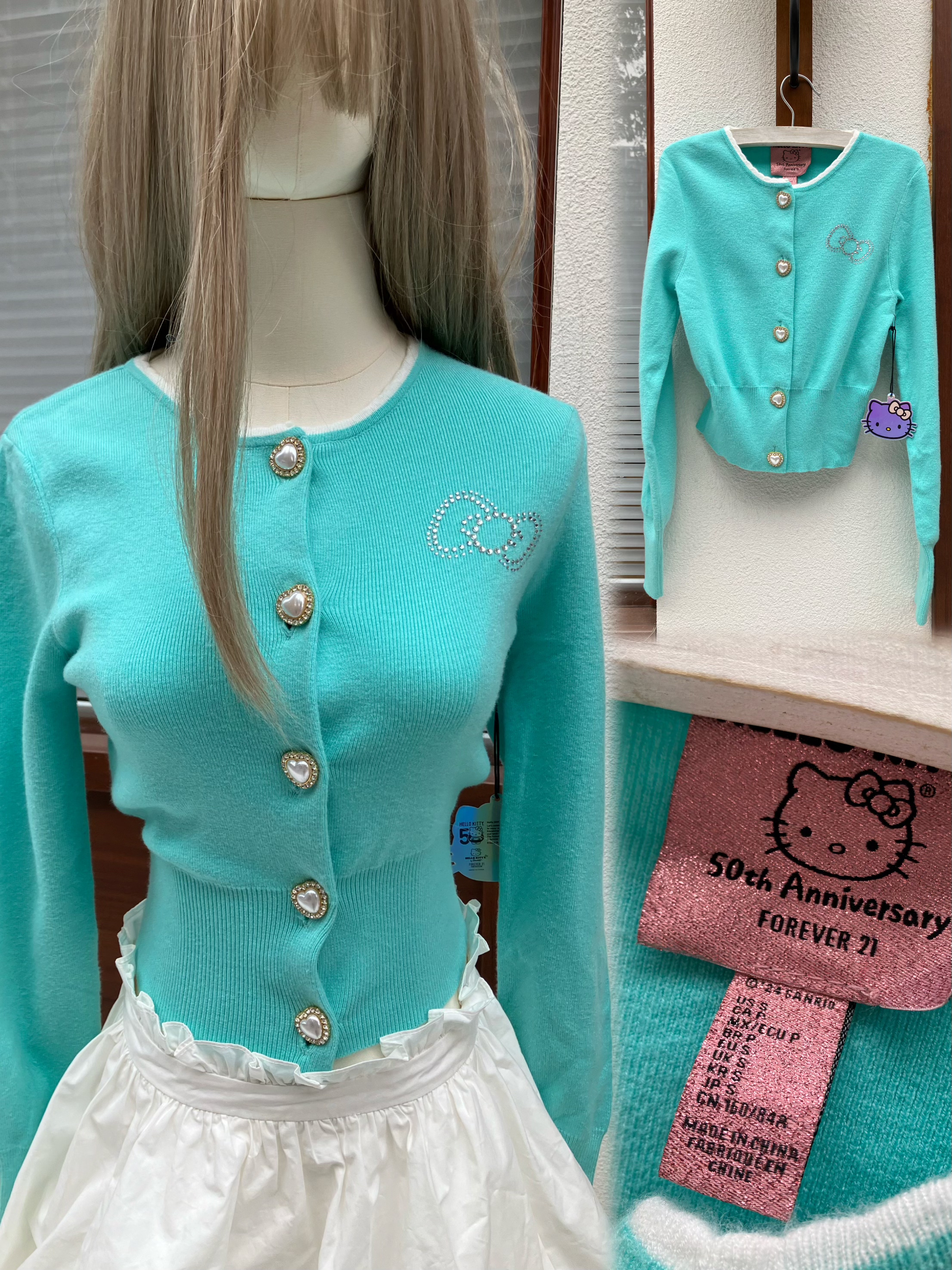 Forever 21 x HelloKitty联名款 薄荷绿针织开衫女毛衣外套 正品