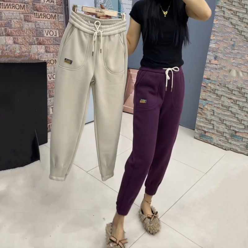 秋冬加绒加厚女士运动卫裤高腰宽松显瘦束脚九分哈伦裤保暖休闲裤