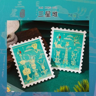 新款三星堆邮票冰箱贴磁吸门装饰金色面具青铜神树旅游文创纪念品
