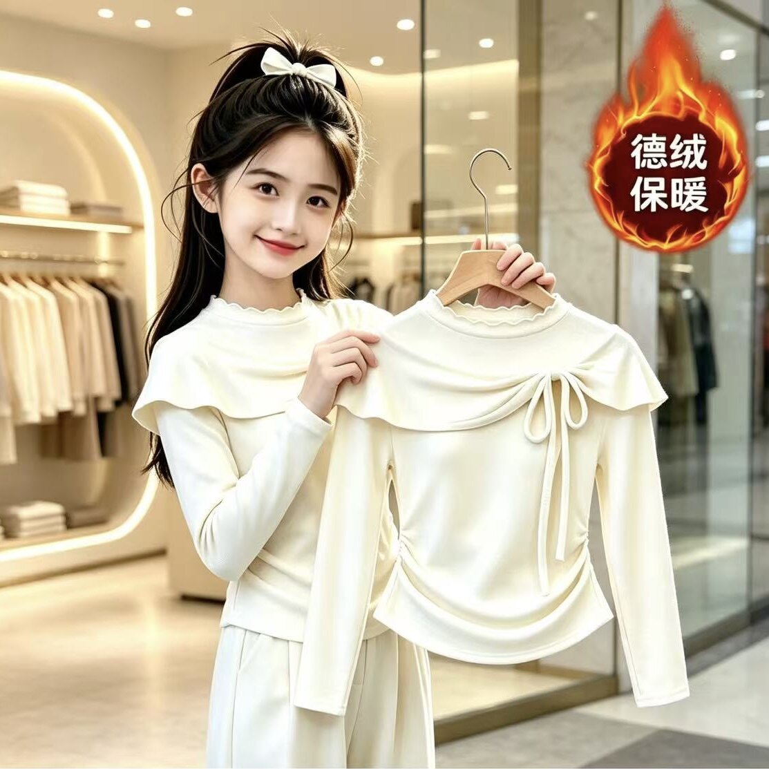 女童法式蝴蝶结斗篷t恤德绒2026中大童秋冬保暖打底长袖时尚上衣