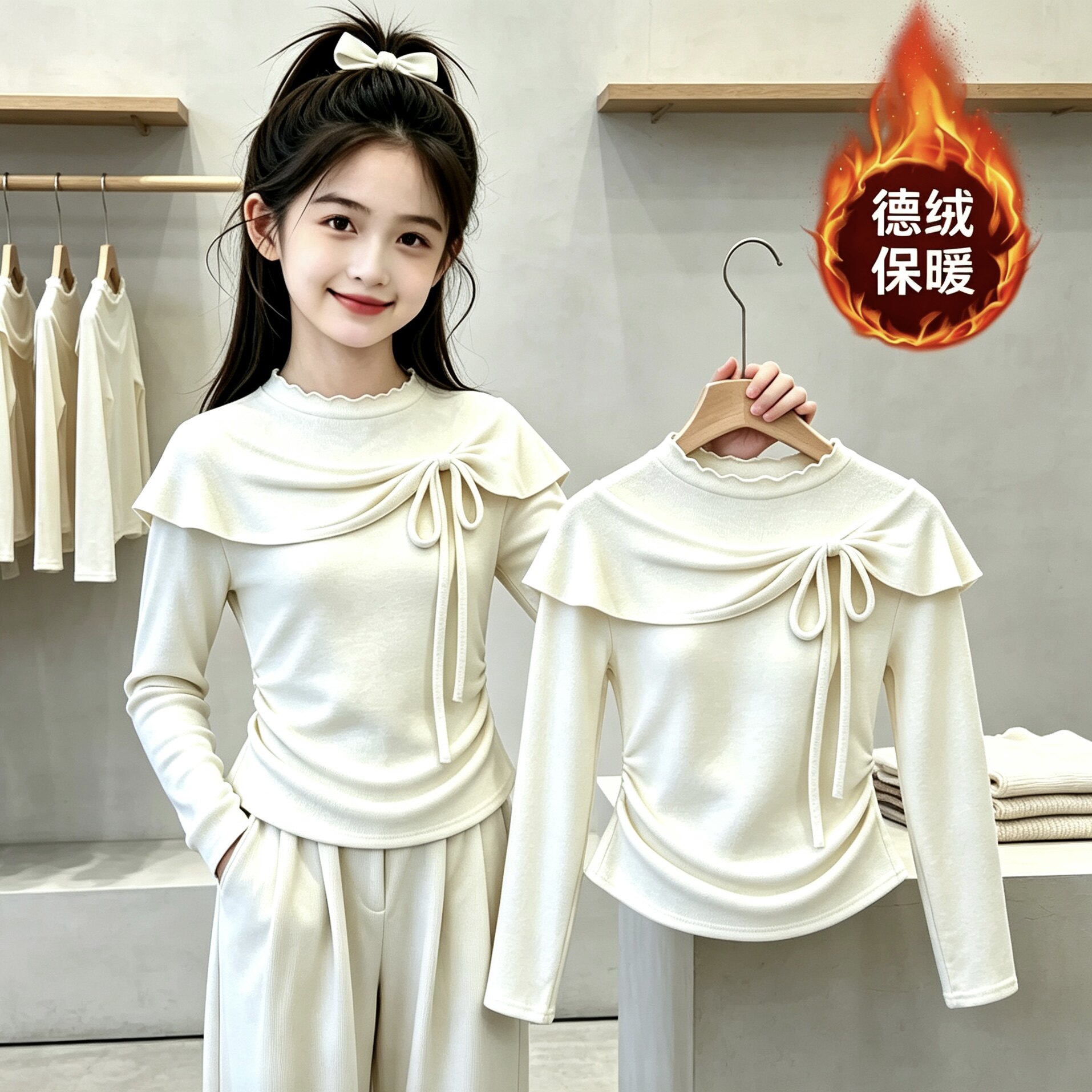 女童法式蝴蝶结斗篷t恤德绒2026中大童秋冬保暖打底长袖时尚上衣