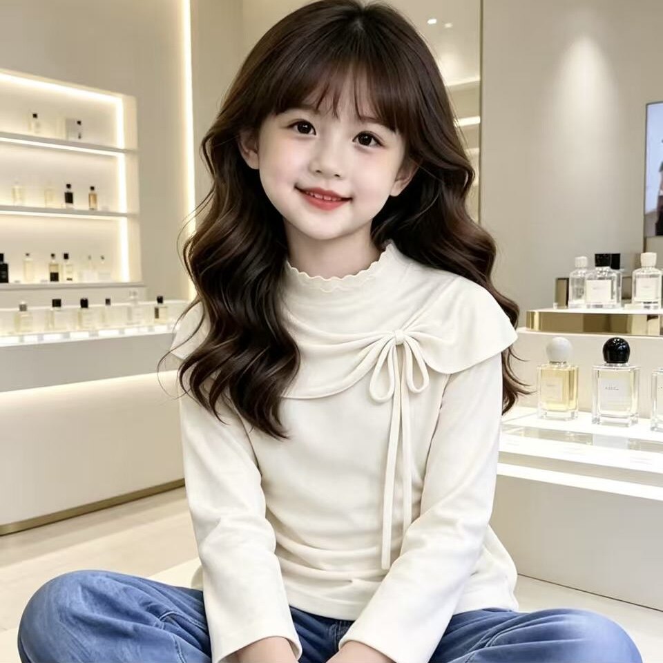 女童法式蝴蝶结斗篷t恤德绒2026中大童秋冬保暖打底长袖时尚上衣
