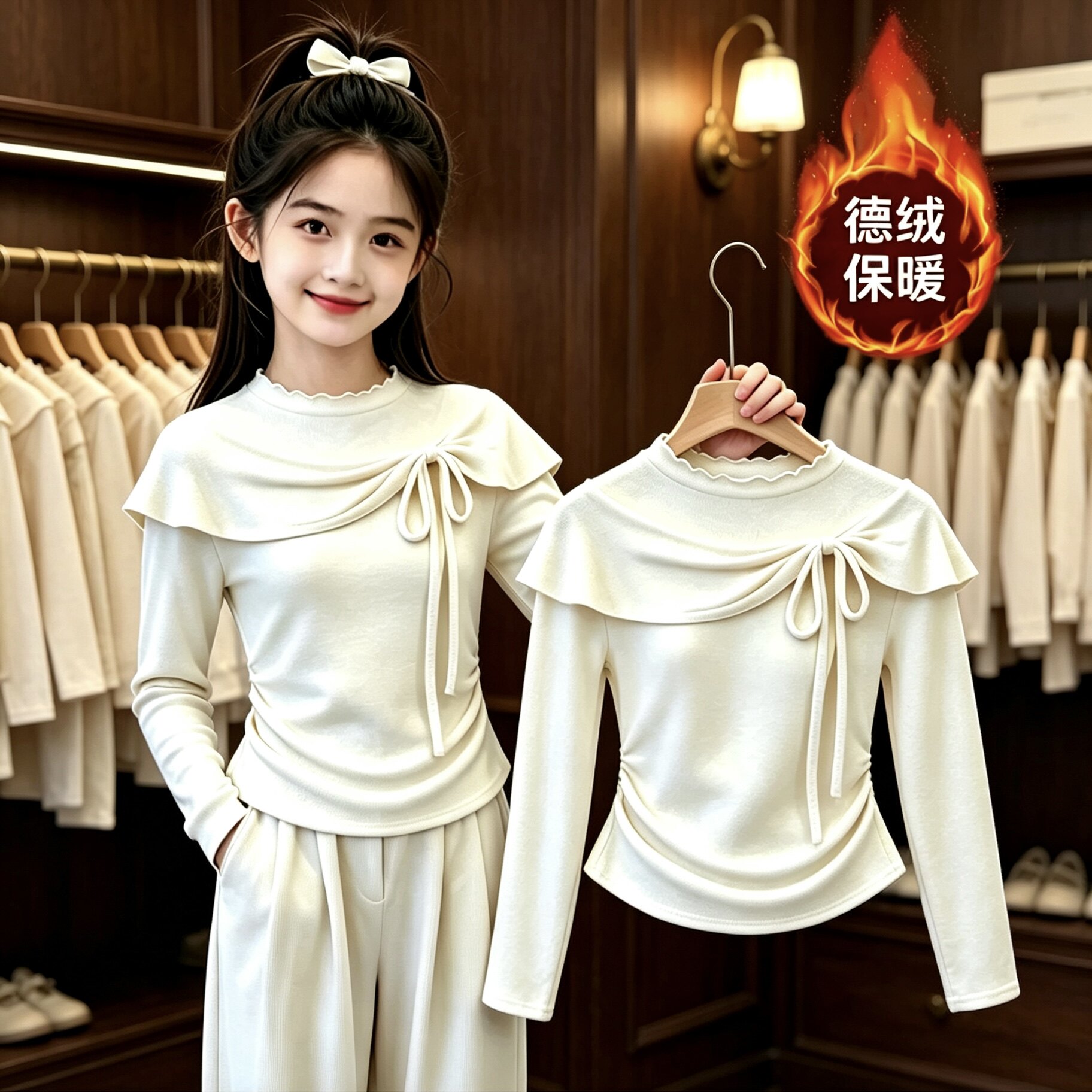 女童法式蝴蝶结斗篷t恤德绒2026中大童秋冬保暖打底长袖时尚上衣