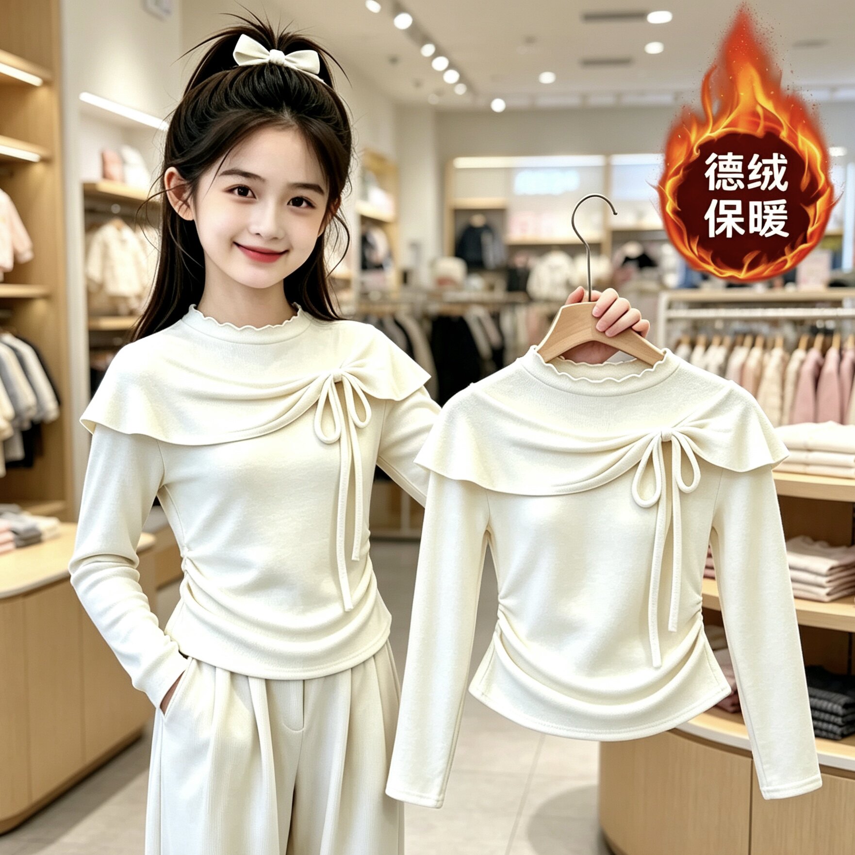 女童法式蝴蝶结斗篷t恤德绒2026中大童秋冬保暖打底长袖时尚上衣