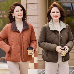 咖/橘红色 中老年妈妈装菱格纹翻领棉服短款保暖女装棉衣外套冬装