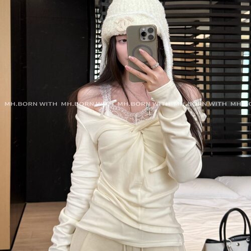 MH BORN WITH 不规则v领扭结褶皱蕾丝拼接长袖女两件打底衫上衣