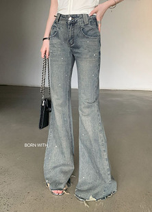 BORNWITH 星空闪闪春季新款烫钻微喇直筒显瘦中低腰牛仔裤阔腿裤