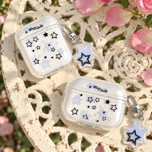 适用airpods1/2/3/4/5/pro/pro2/pro3满版星星耳机壳充电盒保护套苹果AirPods保护套简约无线耳机套蓝白