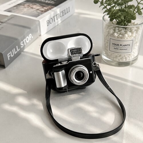 适用AirPods1/2/3/4/Pro/Pro2/Pro3立体相机耳机套黑色光面保护壳苹果无线耳机壳复古摄影机造型软壳潮流个性