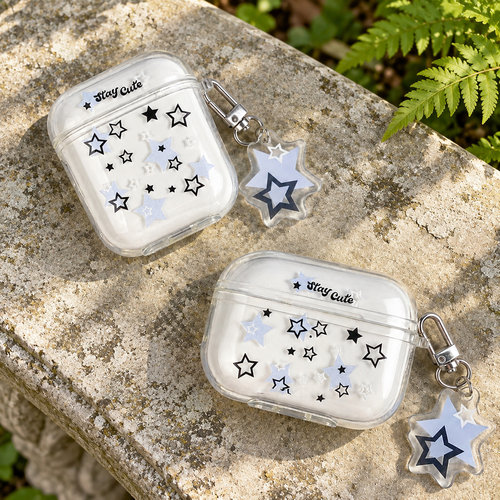 适用airpods1/2/3/4/5/pro/pro2/pro3苹果AirPods保护套耳机盒保护壳蓝白五角星耳机壳软壳耐磨防刮保护