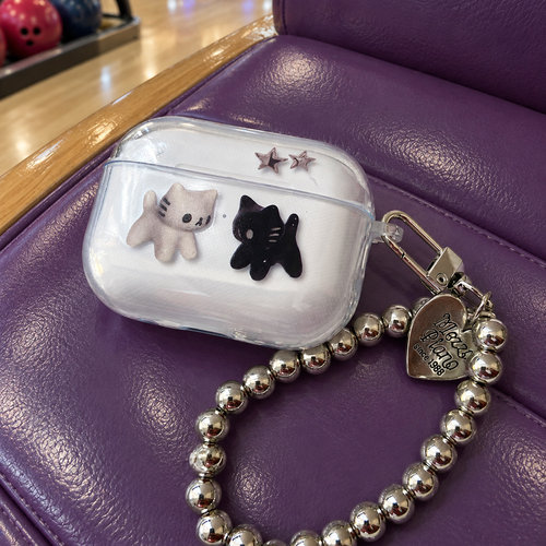 防摔透明软壳全包保护双猫咪星星耳机壳适用airpods1/2/3/4/5/pro/pro2/pro3防尘无线耳机套心形装饰黑白