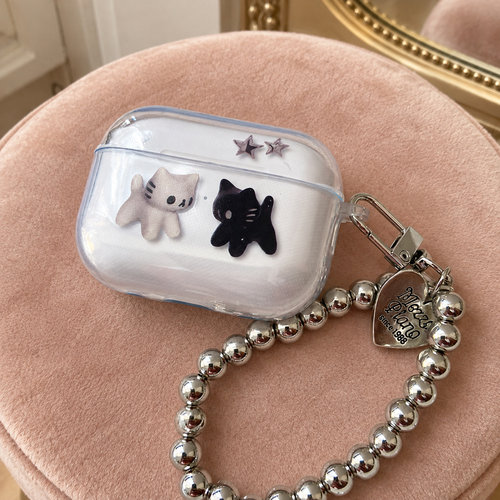 黑白小猫透明保护壳充电盒保护套个性适用airpods1/2/3/4/5/pro/pro2/pro3简约创意耳机保护壳心形装饰新款