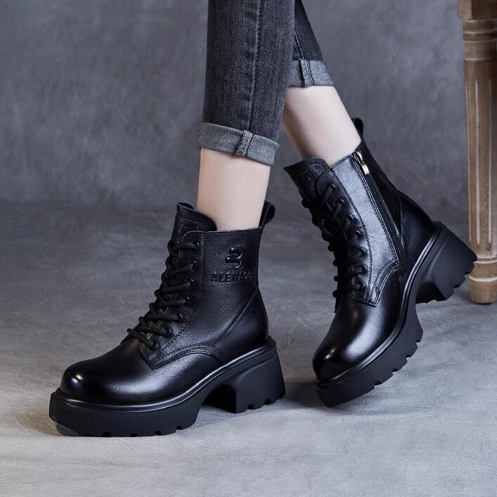 女子皮鞋全牛皮真皮马丁靴女短靴中跟加绒秋冬季新款棉鞋粗跟女靴,女鞋,马丁靴,淘宝优惠券,粉丝福利购,淘宝优惠卷