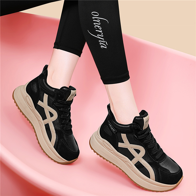 女子厚底高帮鞋女2025冬季新款真皮休闲加绒保暖棉鞋显脚小老爹鞋