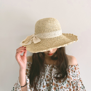 夏天蕾丝蝴蝶结手工钩针草帽可折叠大沿帽子女出游沙滩遮阳帽 韩版