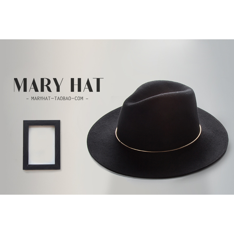 秋冬复古金属圈羊毛呢帽子韩版女欧美时尚爵士礼帽英伦大沿毛毡帽