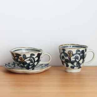 日本进口美浓烧手工唐草马克杯日式陶瓷咖啡杯复古釉下彩水杯茶杯