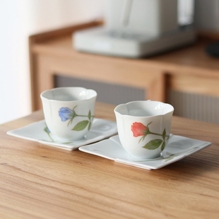 日本进口香兰社作家手绘红蓝玫瑰咖啡杯小清新北欧风结婚对杯礼物