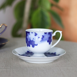日本进口香兰社作家手绘青色樱花咖啡杯北欧精致下午茶杯碟送礼