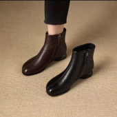 爆款 秋冬尖头真皮短靴女粗跟加绒防滑低跟百搭软皮软底单靴子 女鞋