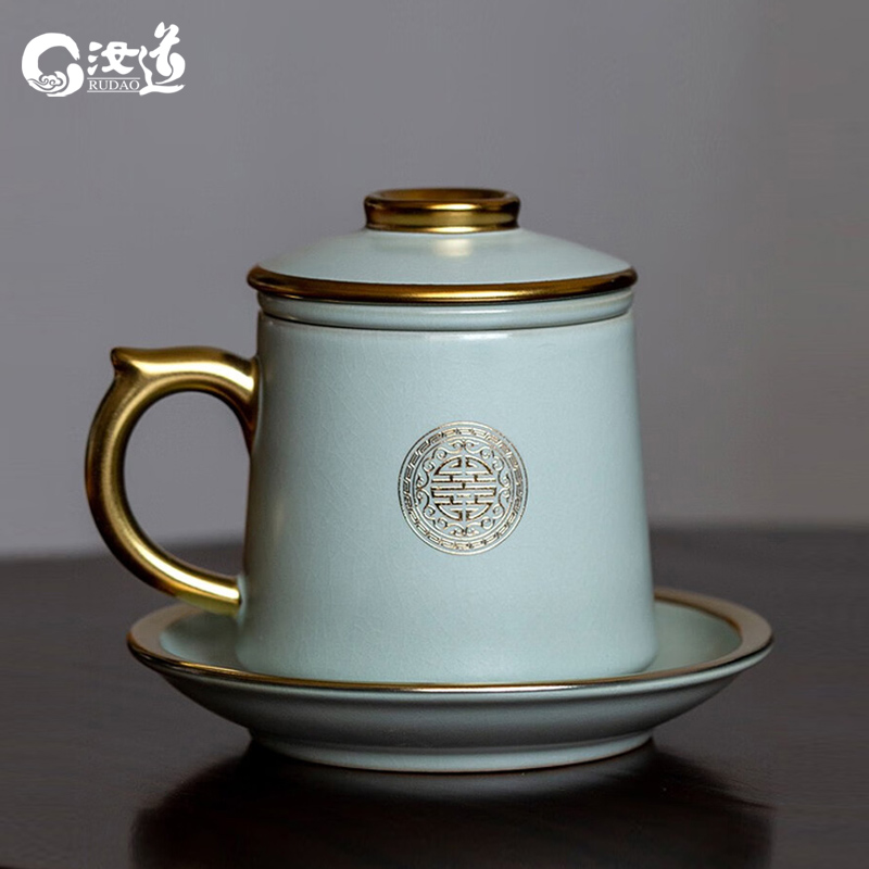 描金汝窑办公杯茶水分离泡茶杯陶瓷汝道中式茶杯过滤大容量老板杯