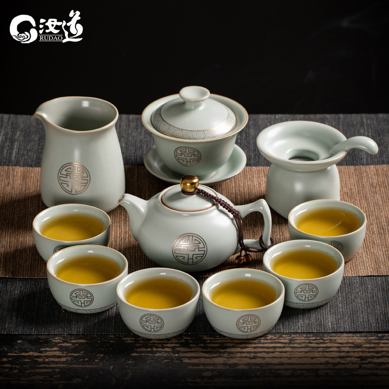 汝窑功夫茶具金福描金轻奢复古泡茶套装汝道汝瓷家用茶杯盖碗礼品